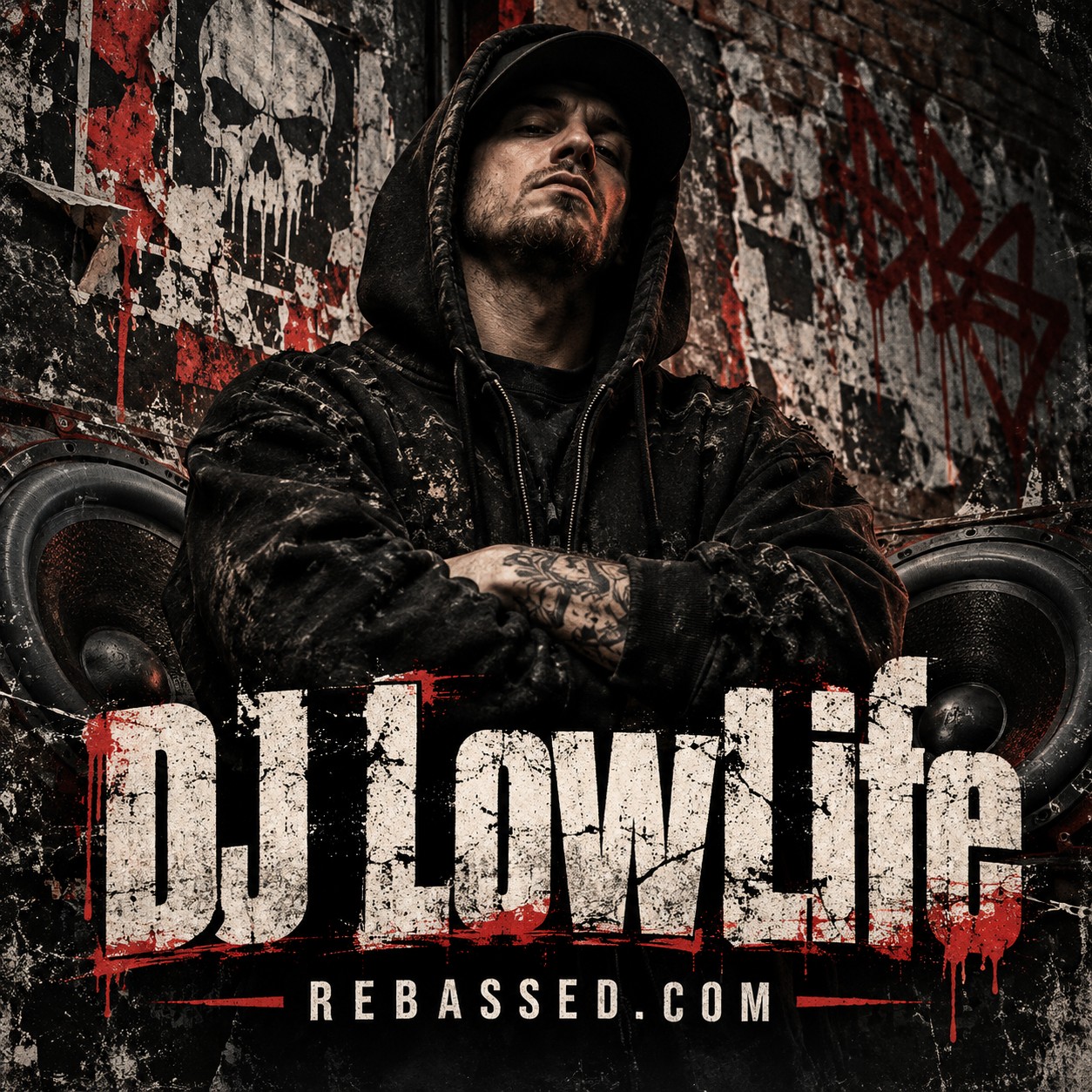 DJ LowLife artist artwork with distressed lettering and black and red street styling